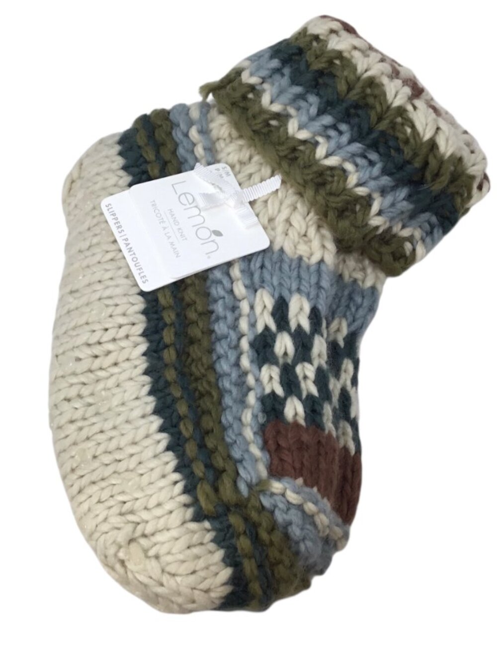 Lemon Hand Knit Slippers NWT Fair Isle Chunky Cuff Size S/M Fits 5-7 Gripper